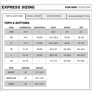 Express Size Chart